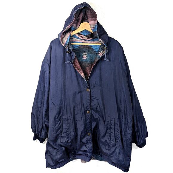 Vintage Reversible Parka Winbreaker Flannel Lined Southwestern Jacket 90s OS VTG - Picture 3 of 11